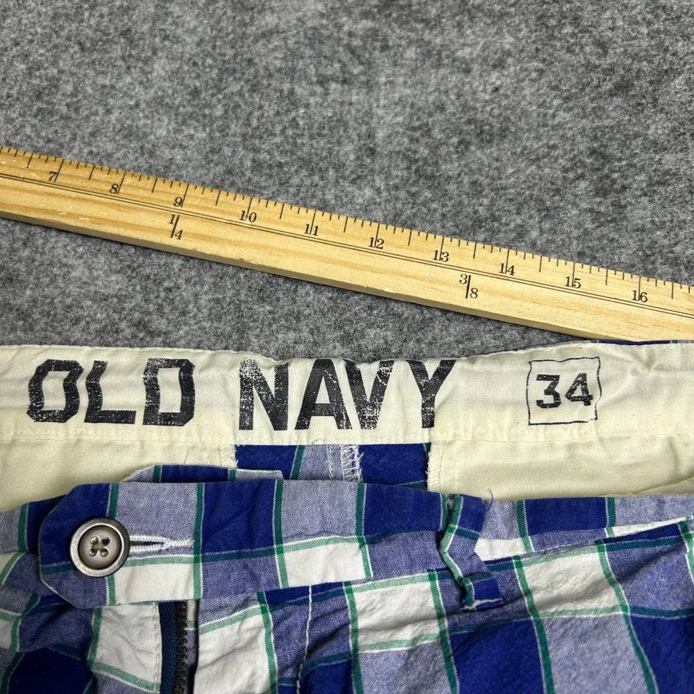 Old Navy Blue White Plaid Chino‎ Shorts Mens Size 34 Preppy Summer Casual Retro